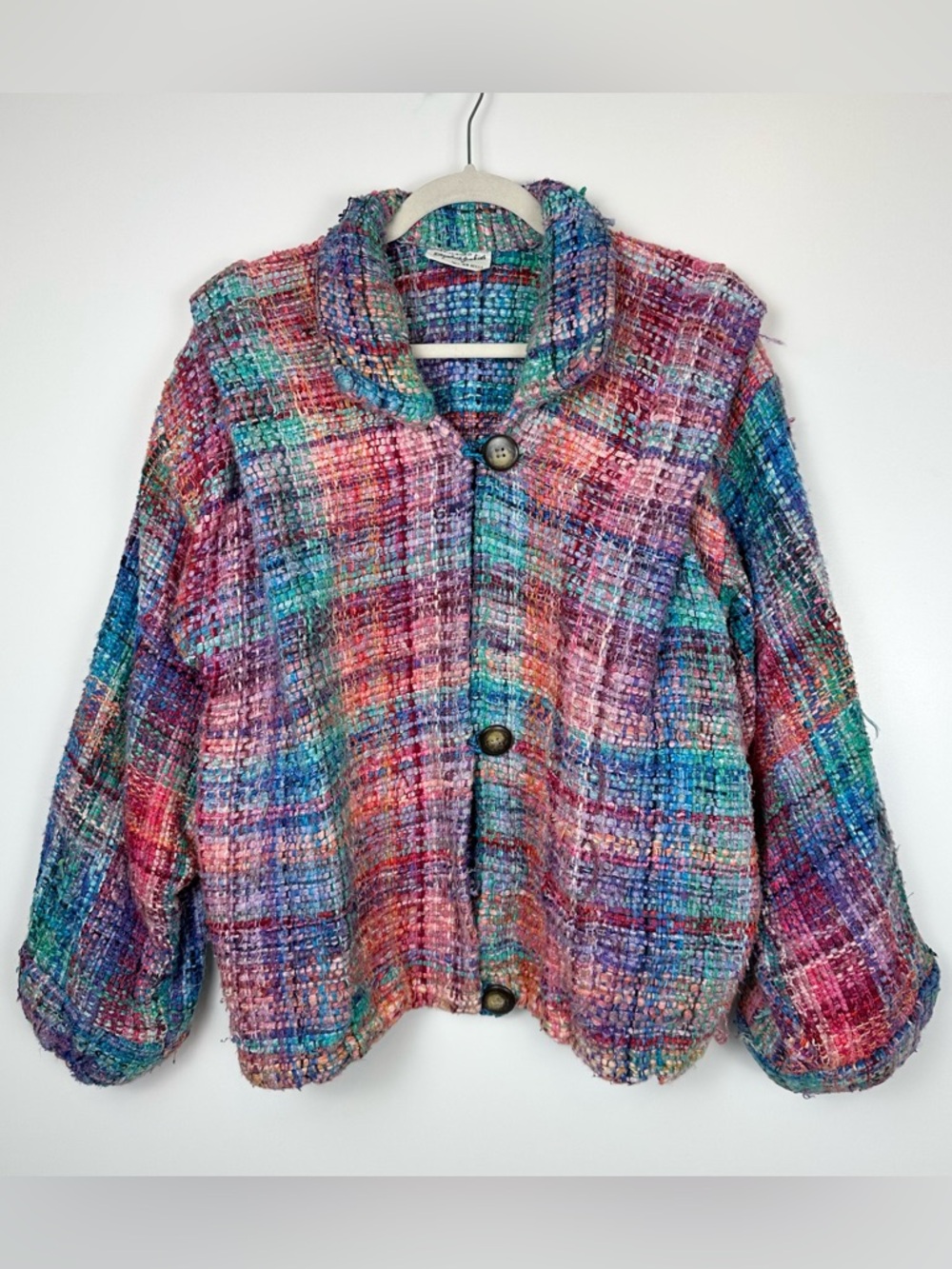 Elizabeth Jenkins Taos Wearable Art Knit Rainbow Colorful Jacket Button Front